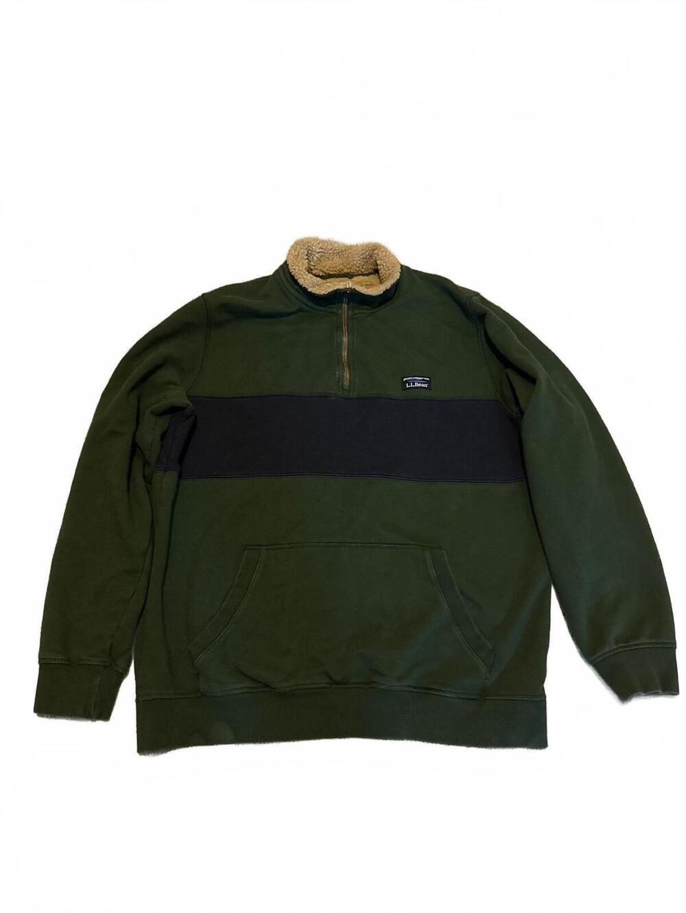 L.L. Bean Mens LG Tall Sherpa Lined 1/4 Zip Sweatshirt Green Navy Pullover